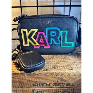 Karl Lagerfeld Paris Black Crossbody Camera Bag with Multi-Color Logo and Pouch